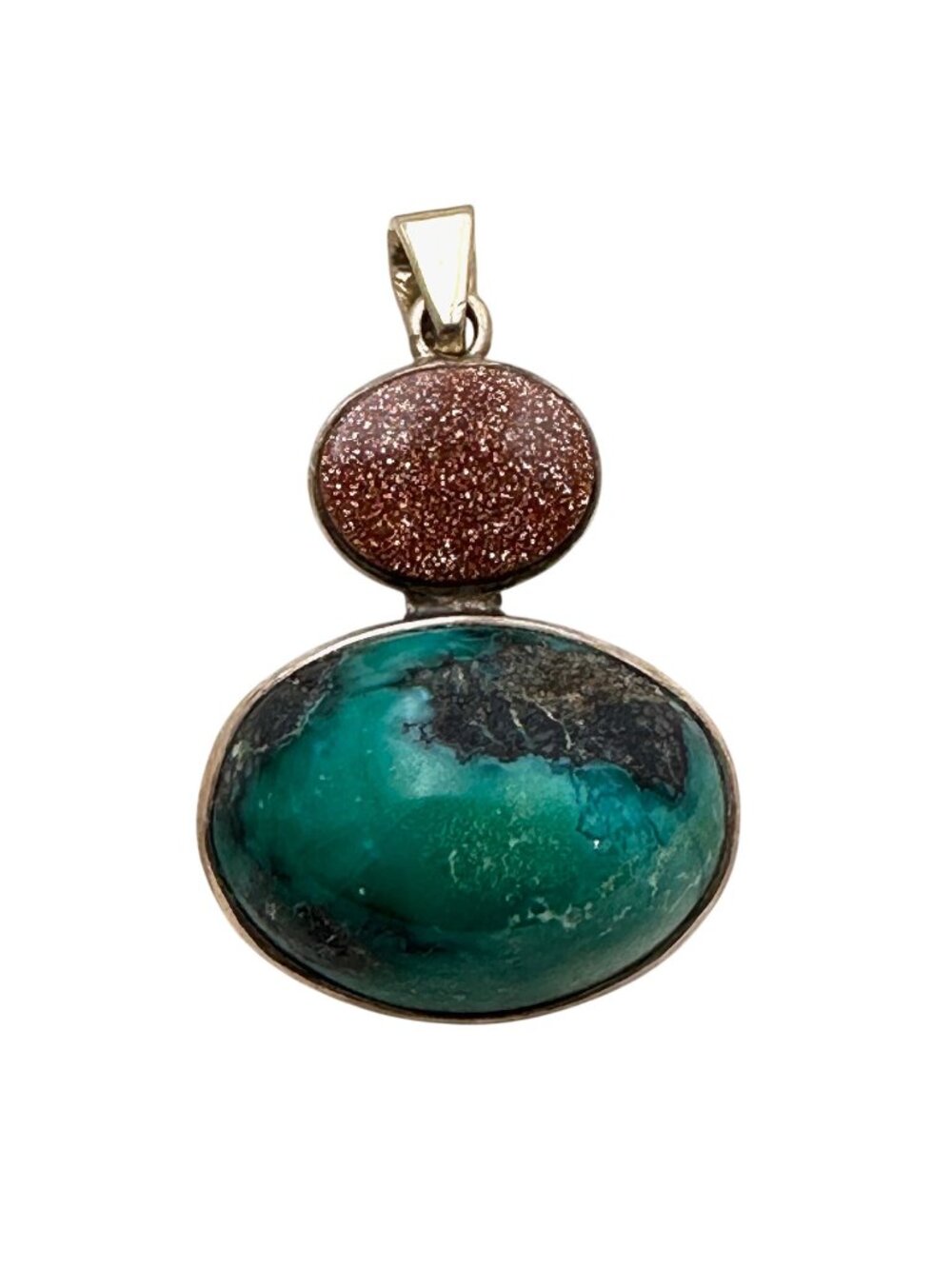 10k Yellow Gold Pendant Blue Green Turquoise & Gold Stone Unique Unusual